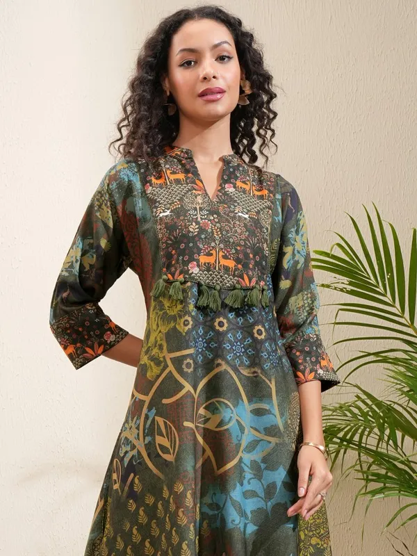 Vishudh Women Olive Printed A-Line Kurta