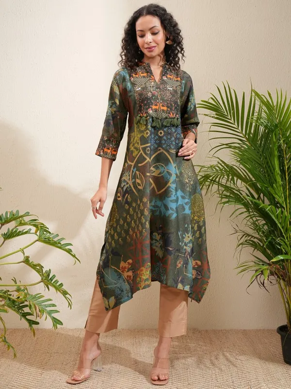 Vishudh Women Olive Printed A-Line Kurta
