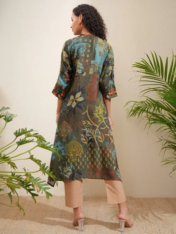 Vishudh Women Olive Printed A-Line Kurta
