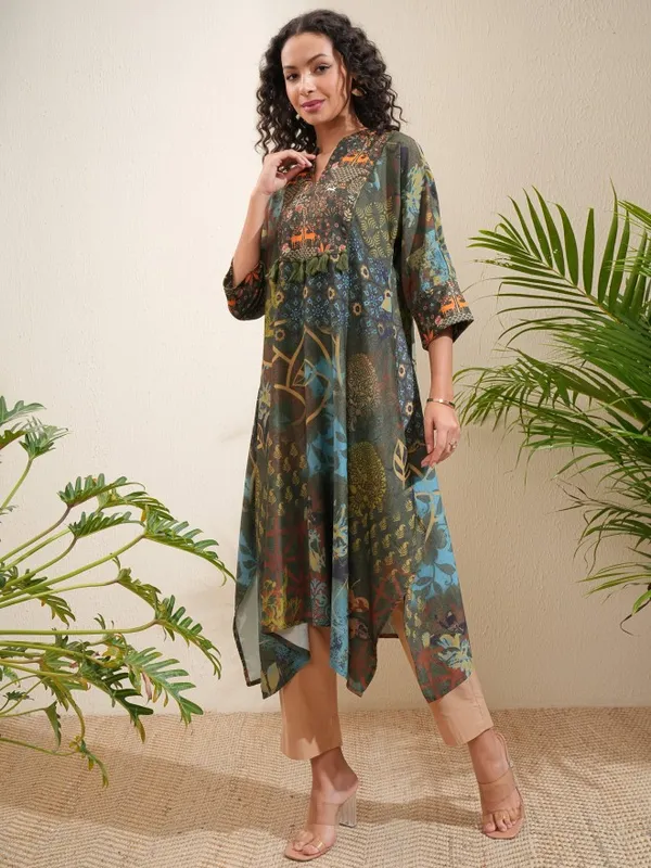 Vishudh Women Olive Printed A-Line Kurta