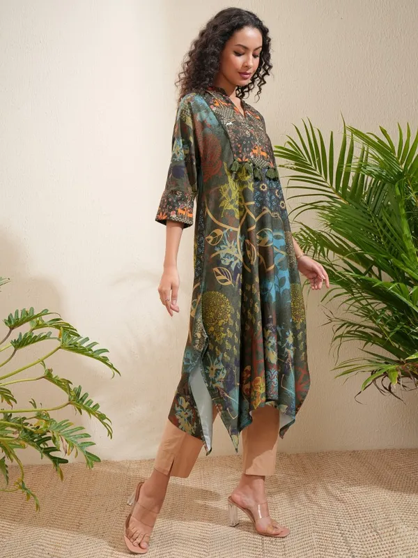 Vishudh Women Olive Printed A-Line Kurta