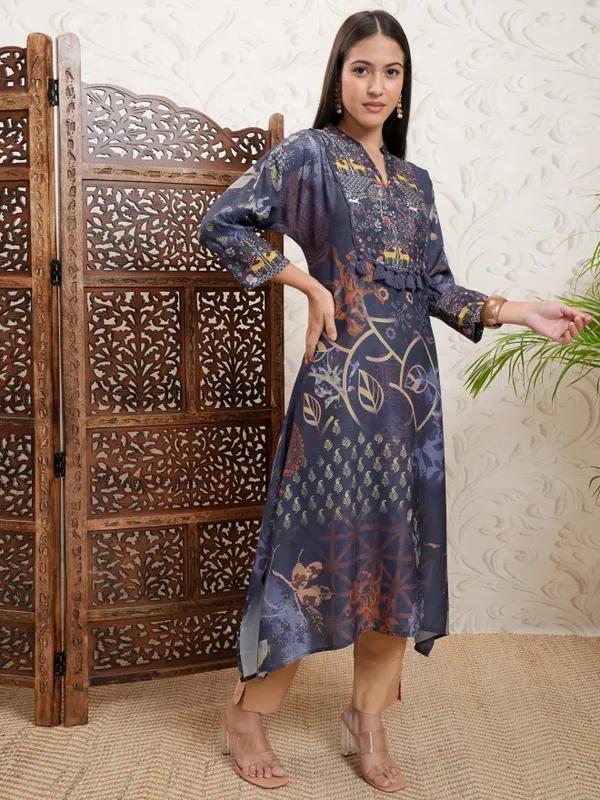Vishudh Women Blue Printed A-Line Kurta