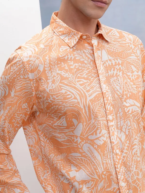 Highlander Men Orange Printed Regular Fit Casual Shirt