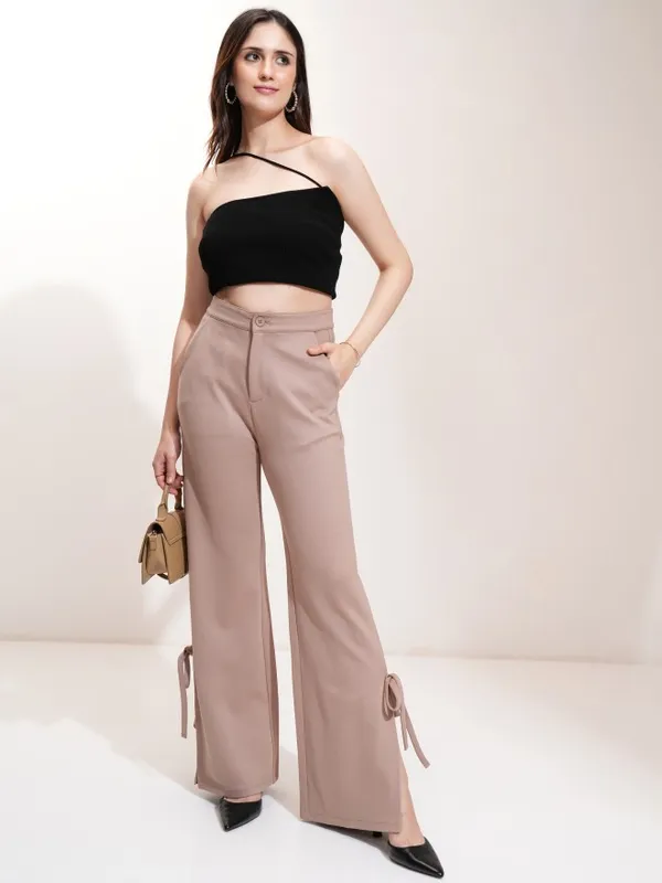 Tokyo Talkies Women Taupe Solid Flared Casual Trouser