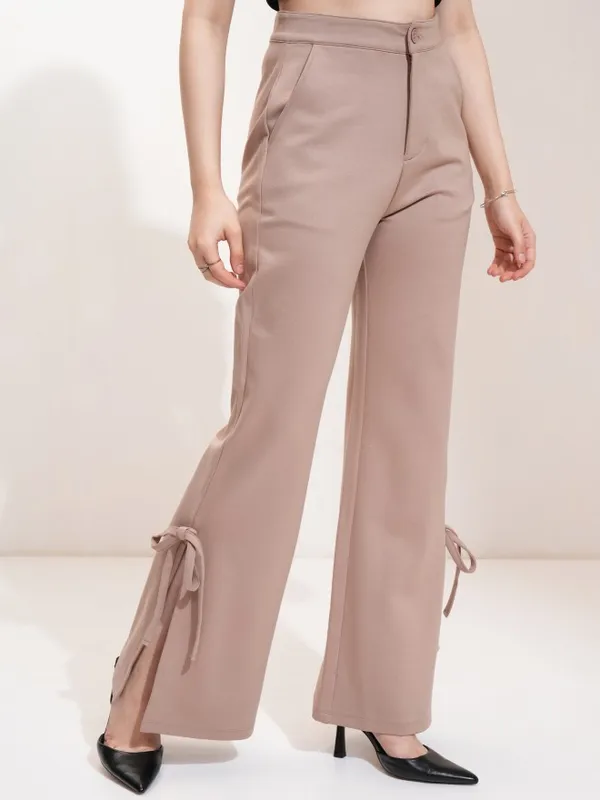 Tokyo Talkies Women Taupe Solid Flared Casual Trouser