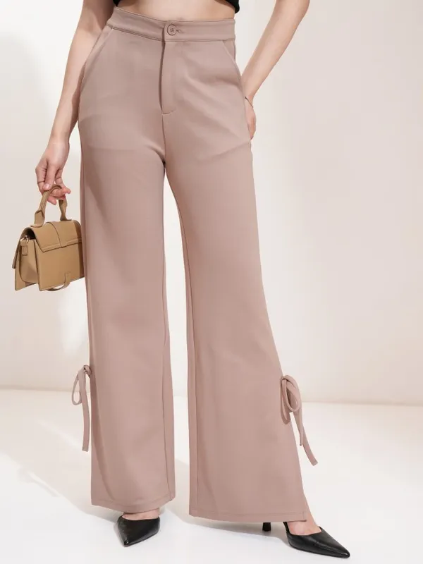 Tokyo Talkies Women Taupe Solid Flared Casual Trouser