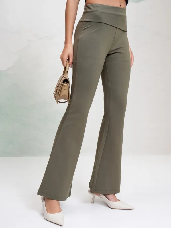 Tokyo Talkies Women Olive Solid Flared Casual Trouser
