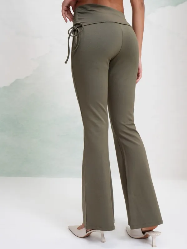 Tokyo Talkies Women Olive Solid Flared Casual Trouser