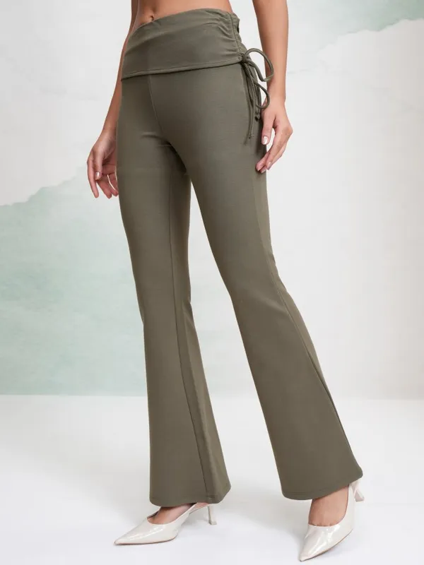 Tokyo Talkies Women Olive Solid Flared Casual Trouser
