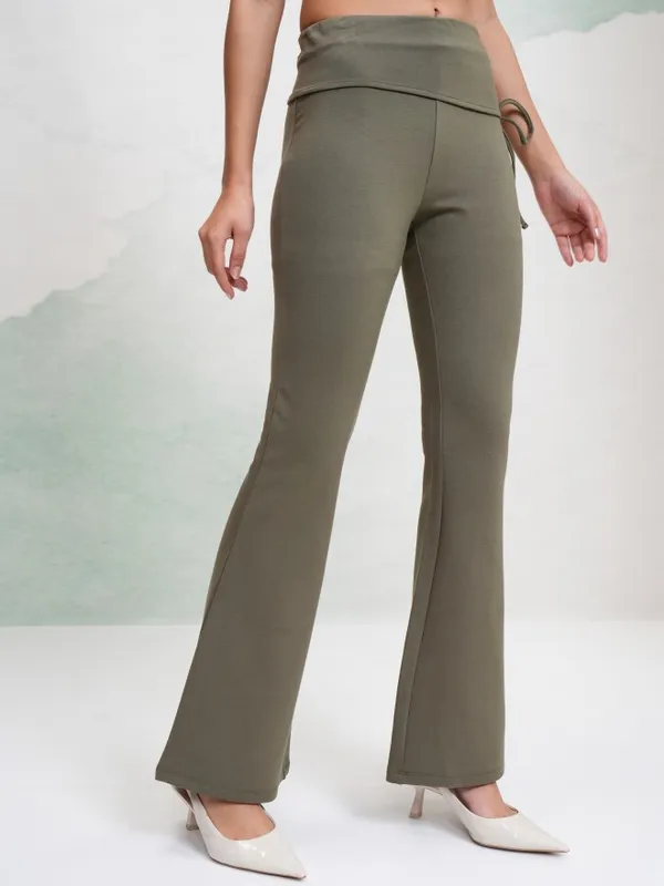 Tokyo Talkies Women Olive Solid Flared Casual Trouser