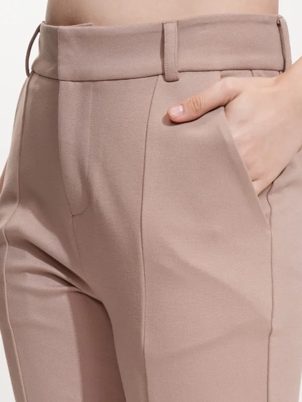 Tokyo Talkies Women Taupe Solid Tapered Fit Casual Trouser