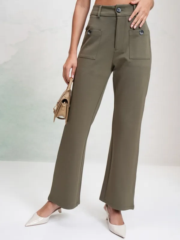 Tokyo Talkies Women Olive Solid Flared Casual Trouser
