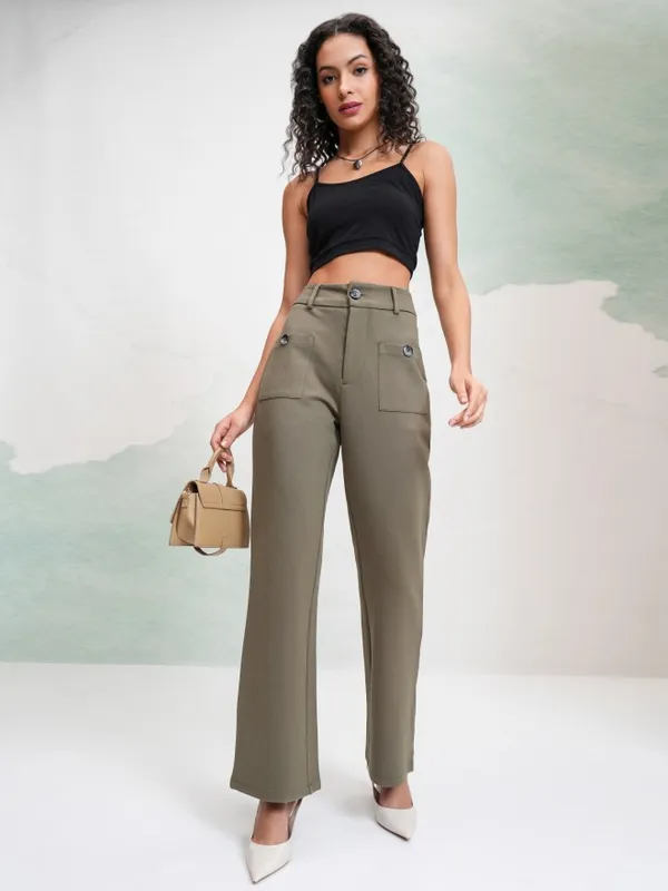 Tokyo Talkies Women Olive Solid Flared Casual Trouser