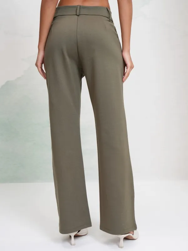 Tokyo Talkies Women Olive Solid Flared Casual Trouser