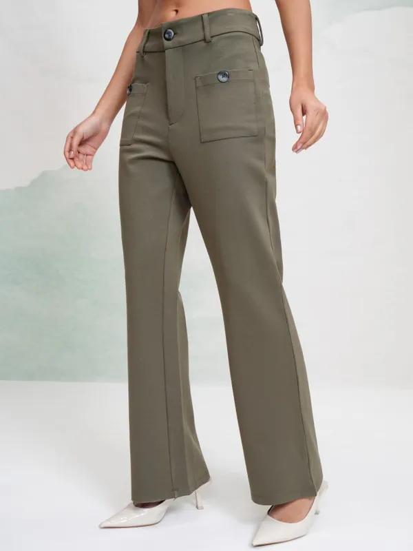 Tokyo Talkies Women Olive Solid Flared Casual Trouser