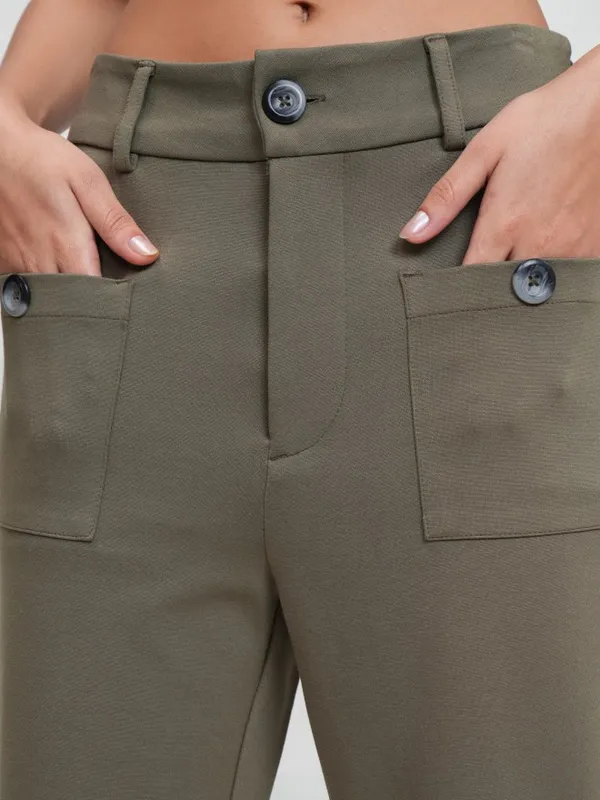 Tokyo Talkies Women Olive Solid Flared Casual Trouser