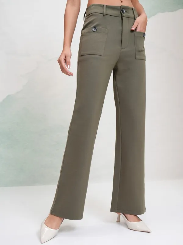 Tokyo Talkies Women Olive Solid Flared Casual Trouser