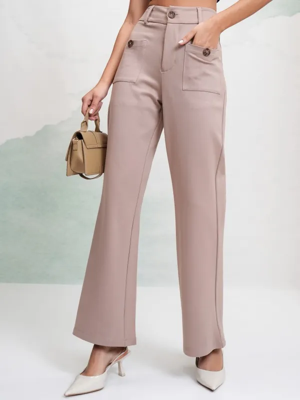 Tokyo Talkies Women Taupe Solid Flared Casual Trouser