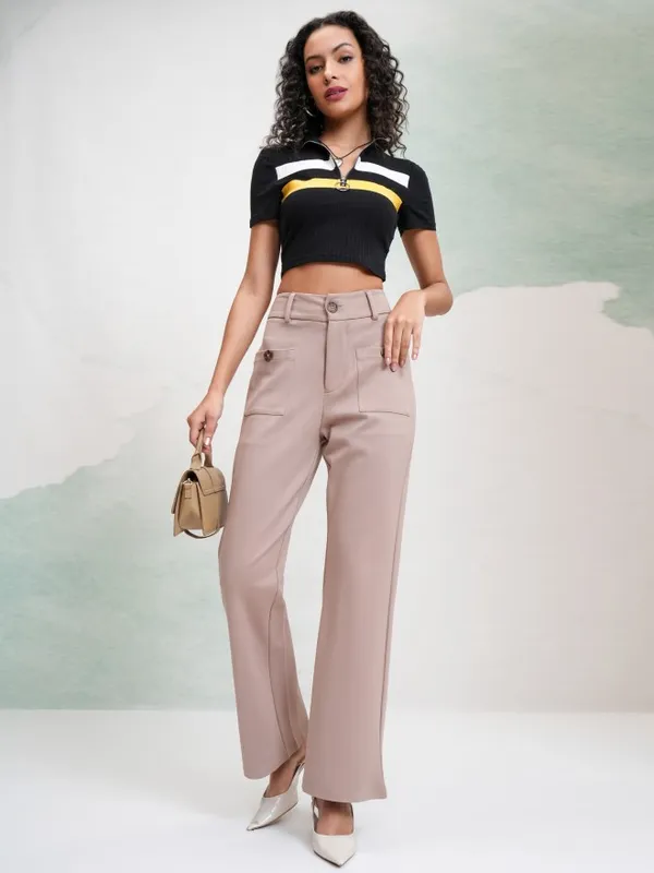 Tokyo Talkies Women Taupe Solid Flared Casual Trouser