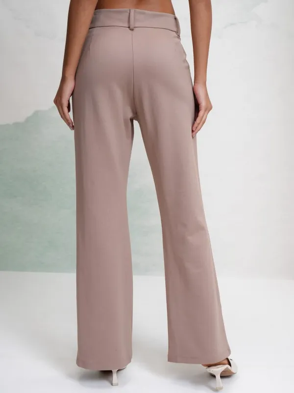 Tokyo Talkies Women Taupe Solid Flared Casual Trouser