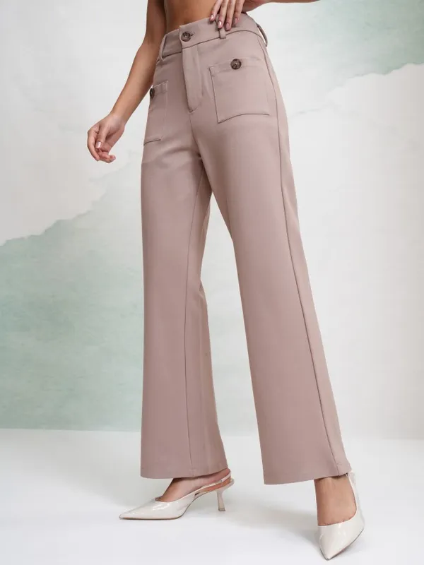 Tokyo Talkies Women Taupe Solid Flared Casual Trouser