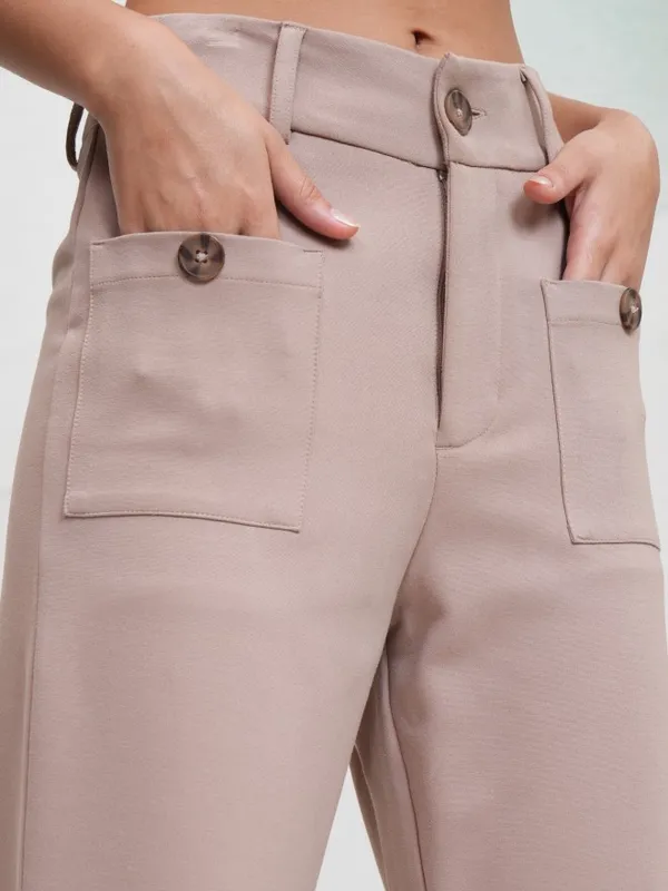 Tokyo Talkies Women Taupe Solid Flared Casual Trouser