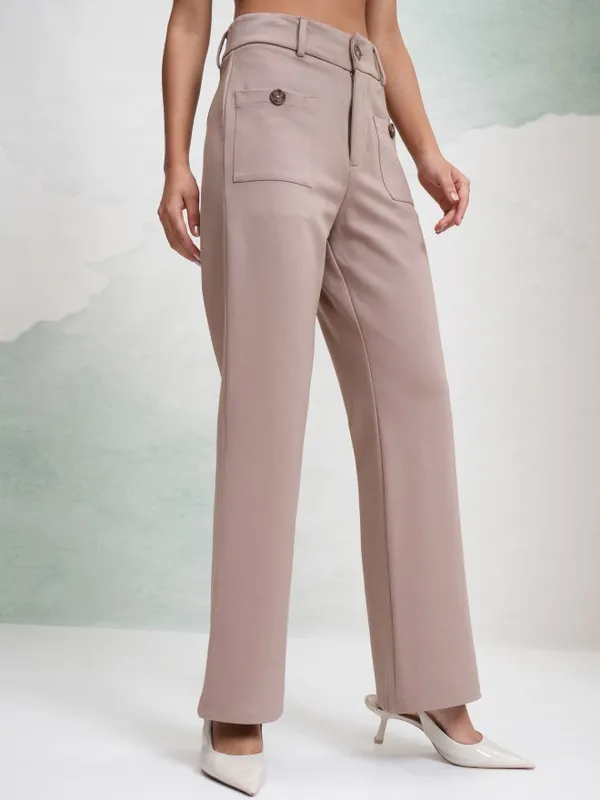 Tokyo Talkies Women Taupe Solid Flared Casual Trouser