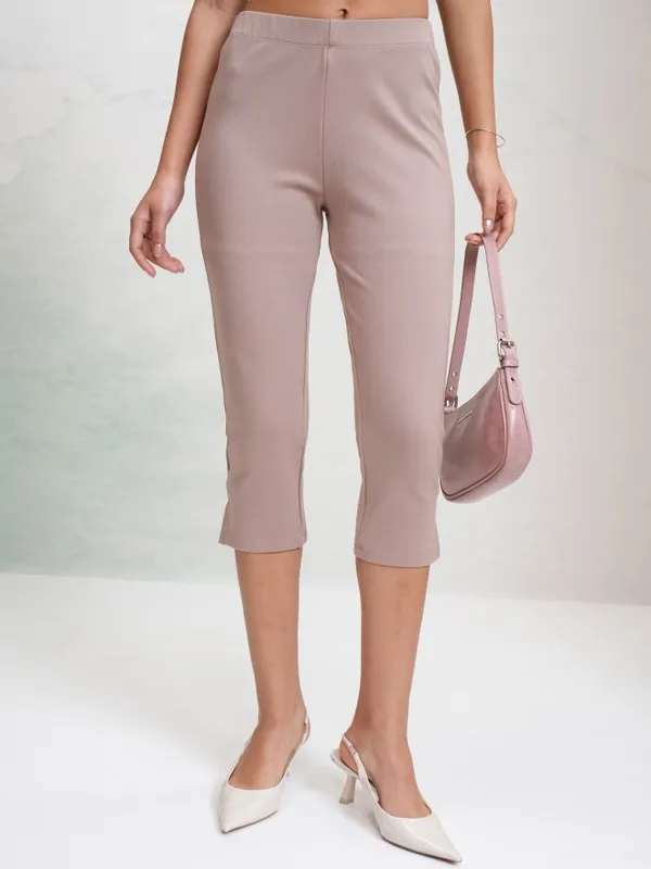 Tokyo Talkies Women Taupe Solid Slim Fit Casual Trouser