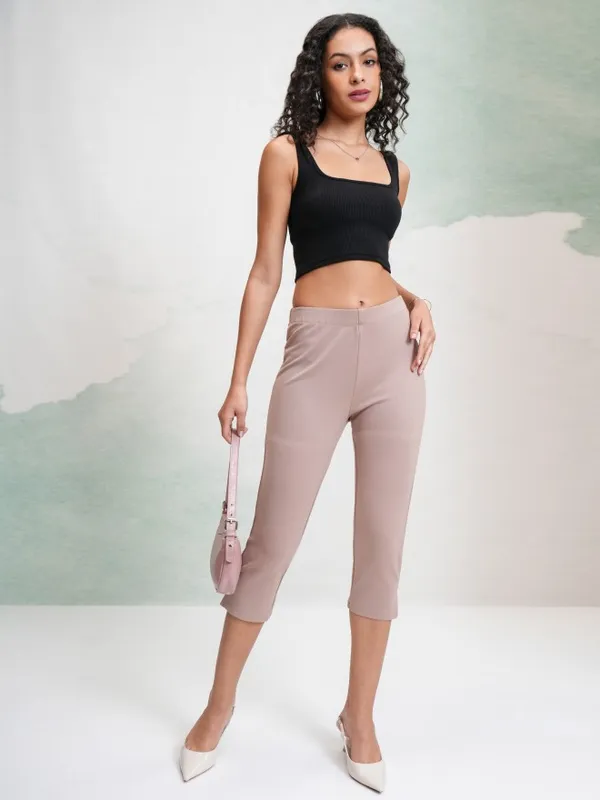 Tokyo Talkies Women Taupe Solid Slim Fit Casual Trouser