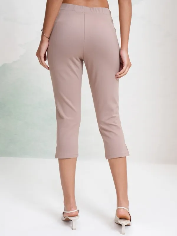 Tokyo Talkies Women Taupe Solid Slim Fit Casual Trouser
