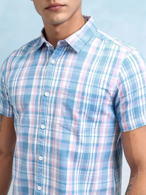 Highlander Men Blue Checked Regular Fit Casual Shirt