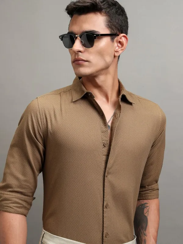 Highlander Men Khaki Textured Regular Fit Casual Shirt