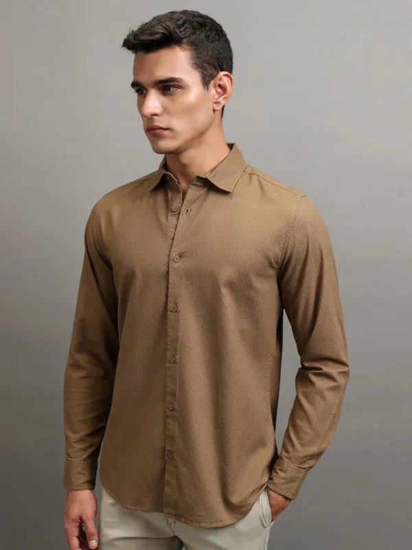 Highlander Men Khaki Textured Regular Fit Casual Shirt