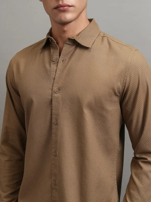 Highlander Men Khaki Textured Regular Fit Casual Shirt