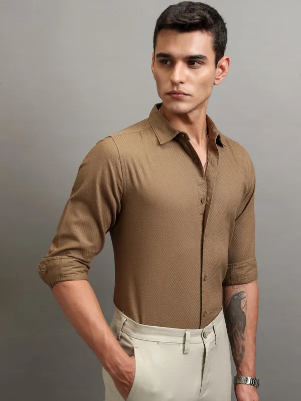 Highlander Men Khaki Textured Regular Fit Casual Shirt