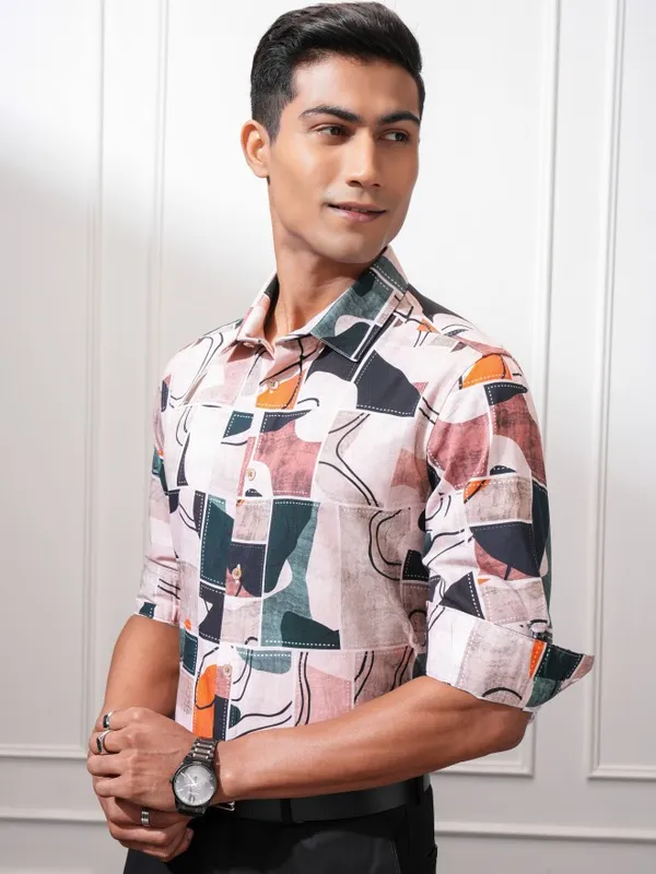 Locomotive Men Peach Printed Slim Fit Casual Shirt