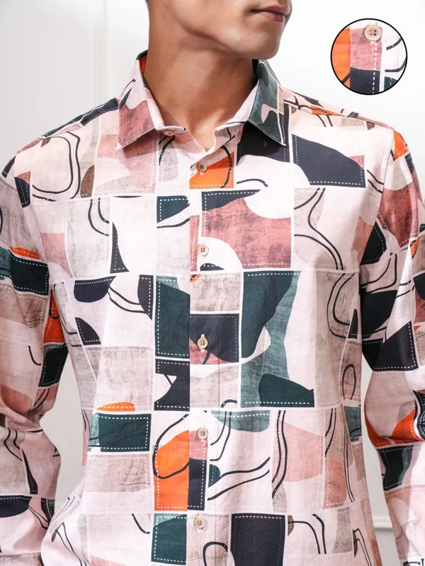 Locomotive Men Peach Printed Slim Fit Casual Shirt
