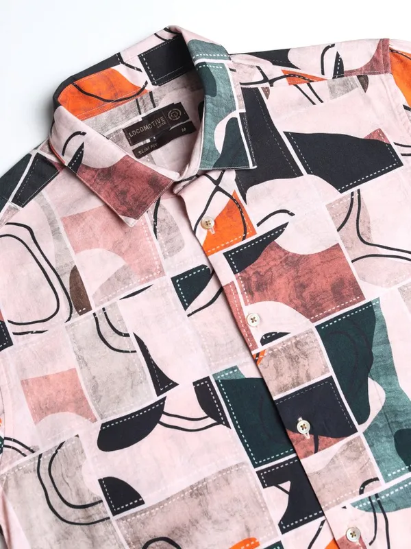 Locomotive Men Peach Printed Slim Fit Casual Shirt
