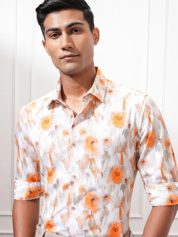 Locomotive Men Orange Printed Slim Fit Casual Shirt
