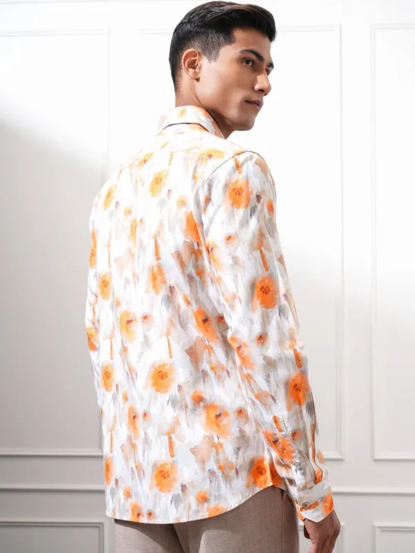 Locomotive Men Orange Printed Slim Fit Casual Shirt