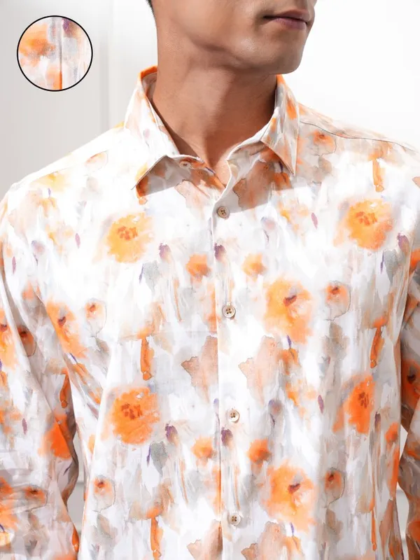 Locomotive Men Orange Printed Slim Fit Casual Shirt