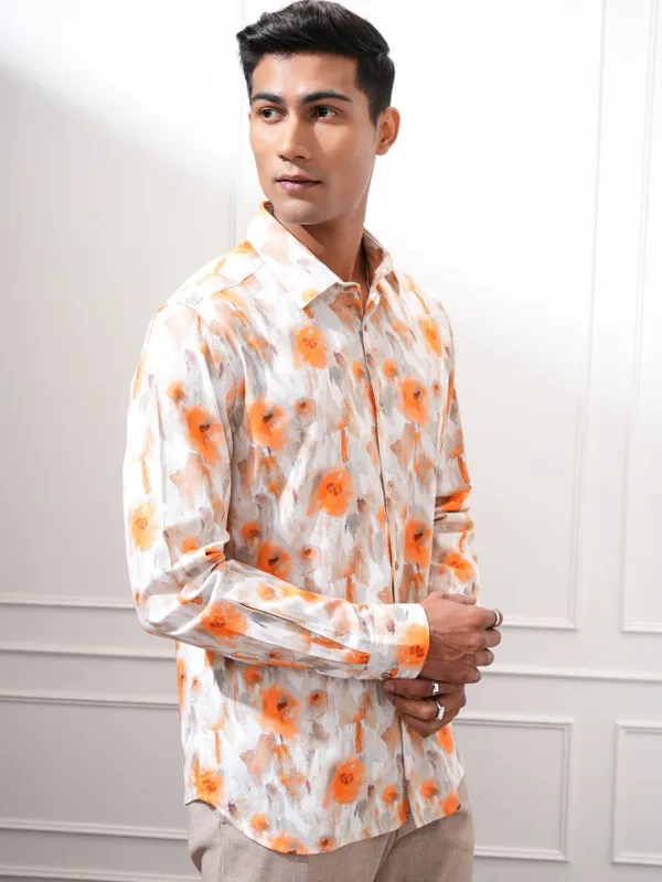 Locomotive Men Orange Printed Slim Fit Casual Shirt