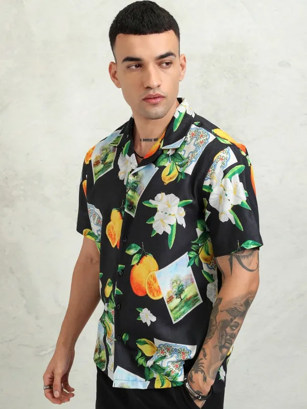 Highlander Men Black Printed Relaxed Fit Casual Shirt