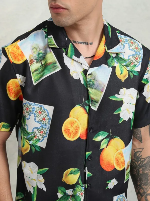 Highlander Men Black Printed Relaxed Fit Casual Shirt