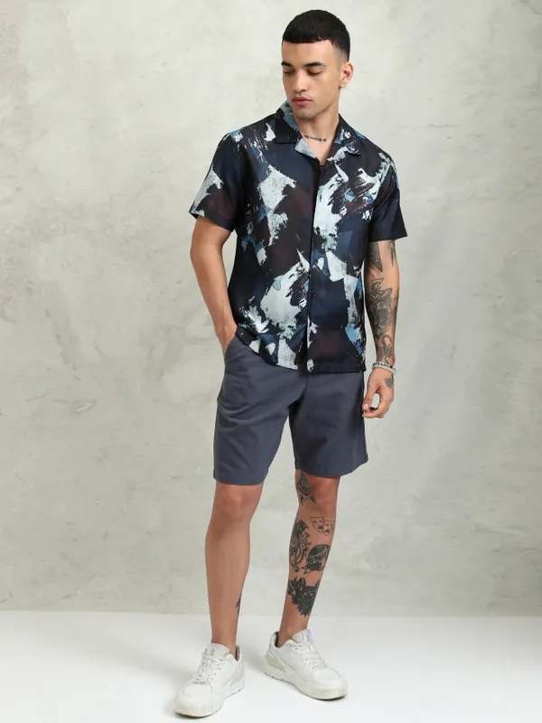 Highlander Men Navy Blue Printed Relaxed Fit Casual Shirt