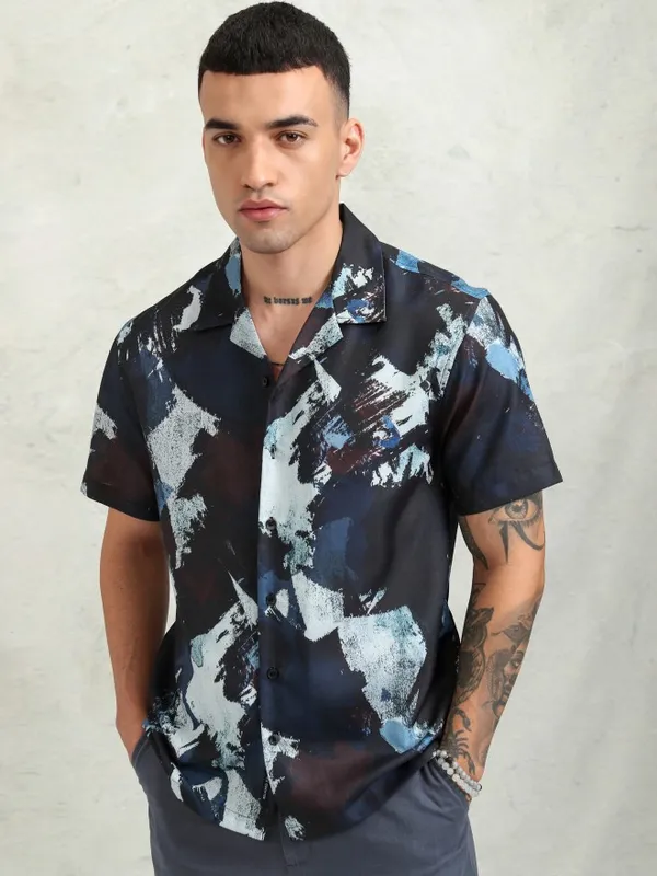 Highlander Men Navy Blue Printed Relaxed Fit Casual Shirt