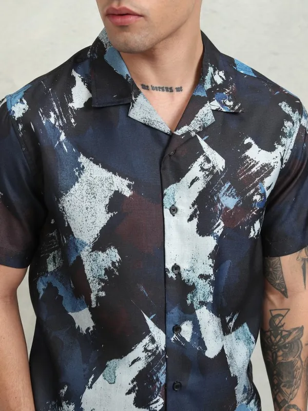 Highlander Men Navy Blue Printed Relaxed Fit Casual Shirt
