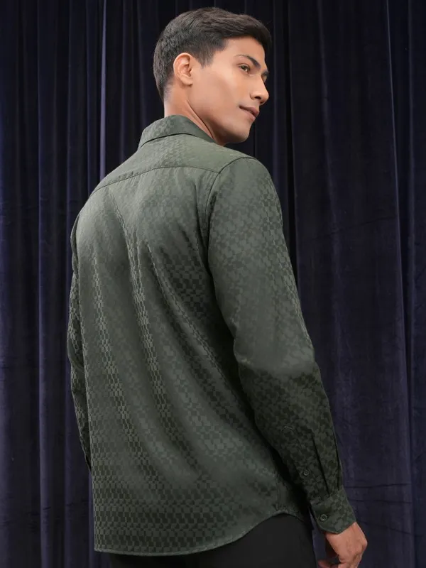 Locomotive Men Green Printed Slim Fit Casual Shirt