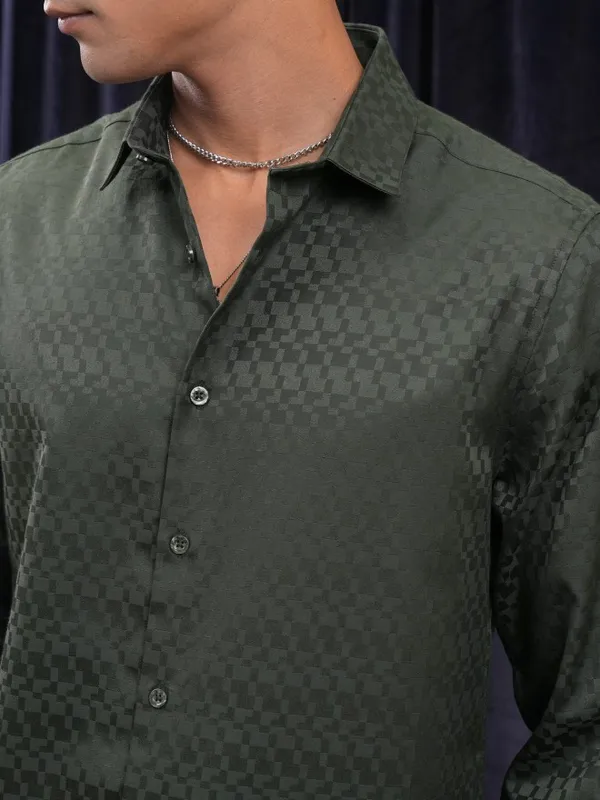 Locomotive Men Green Printed Slim Fit Casual Shirt