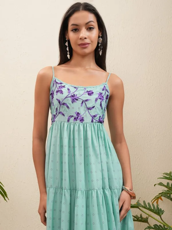 Vishudh Women Green Embroidered Fit and Flare Dress